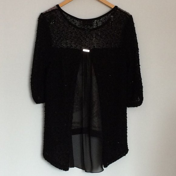 Joseph Ribkoff Sequined Sweater Top Sz 4 Black White Red Sheer Back 3\4 Sleeve - Picture 2 of 6